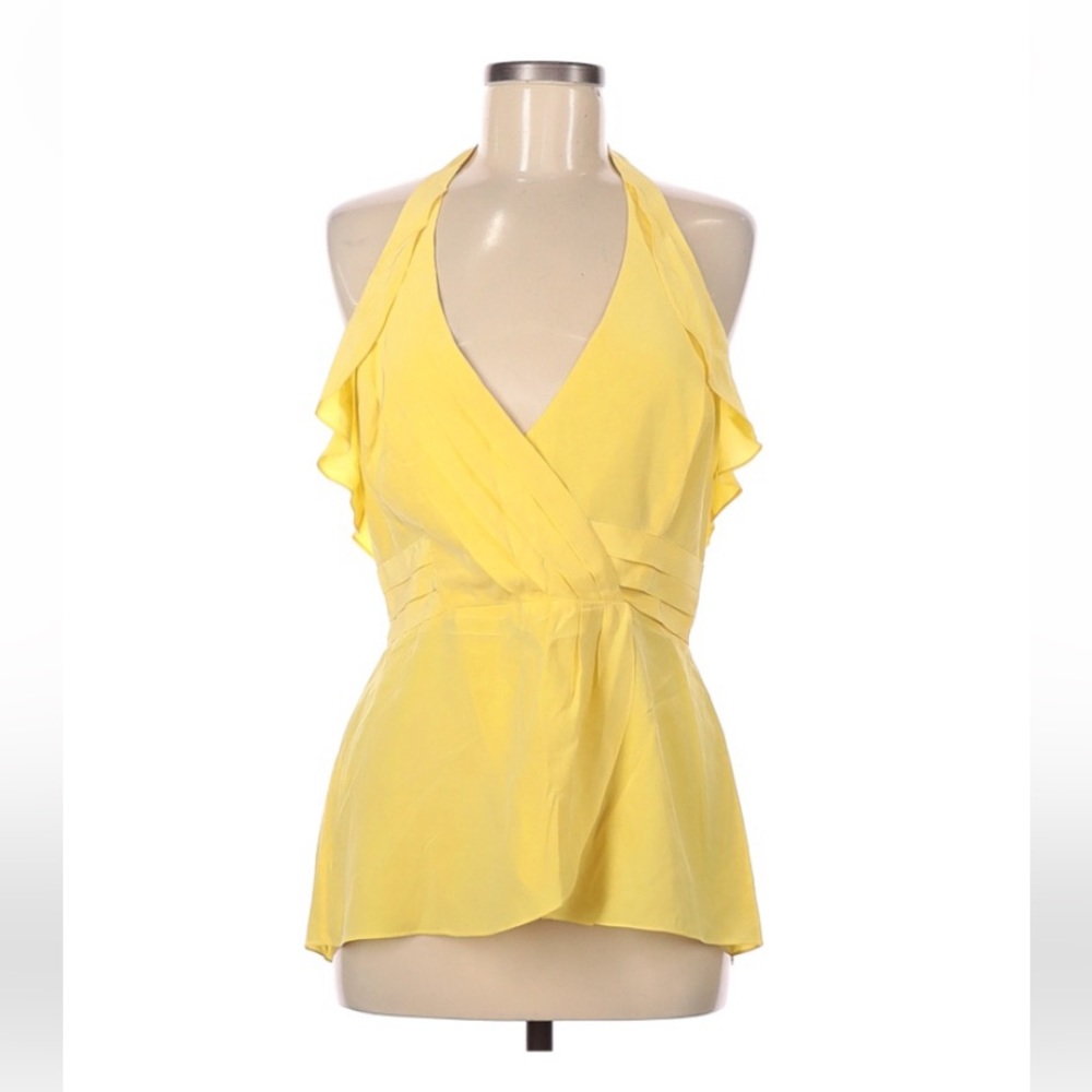 BCBGMaxAzria 100% Silk Yellow Halter Top Ruffles Open Back V-Neck Sleeveless
